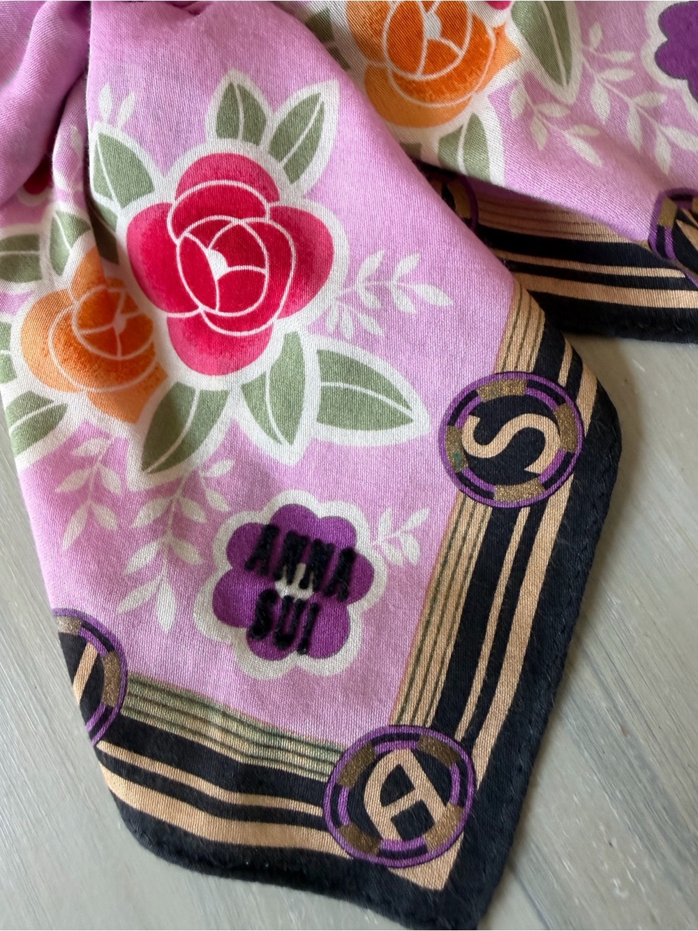 Anna Sui floral cotton scarf Bandana Roses Butterfly Purple Hair Bow Bag Scarf - Picture 11 of 12